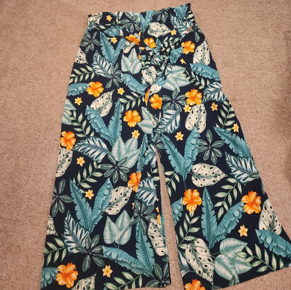 SHEIN Tropical Wide Leg Pants - Navy and Orange Floral